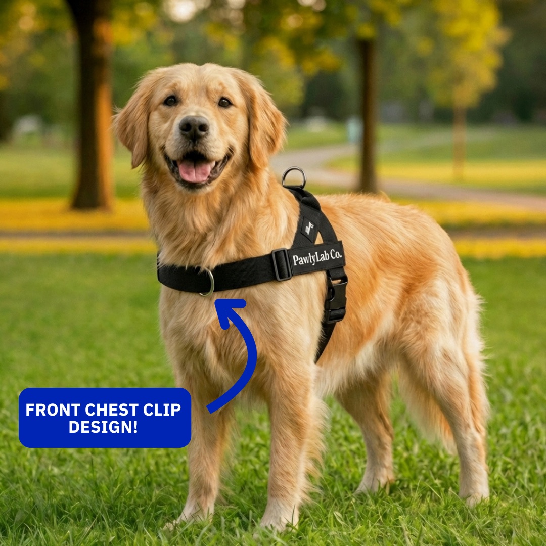 PawlyLab Co No-Pull Harness — front chest clip design annotated