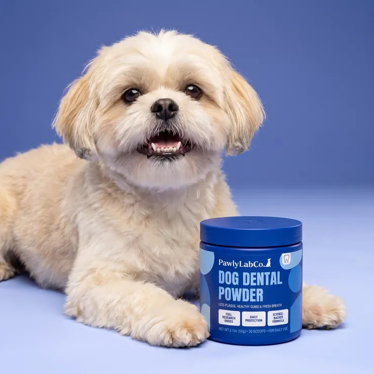 A smiling small dog lying next to a jar of Pawly Lab Co. Dog Dental Powder