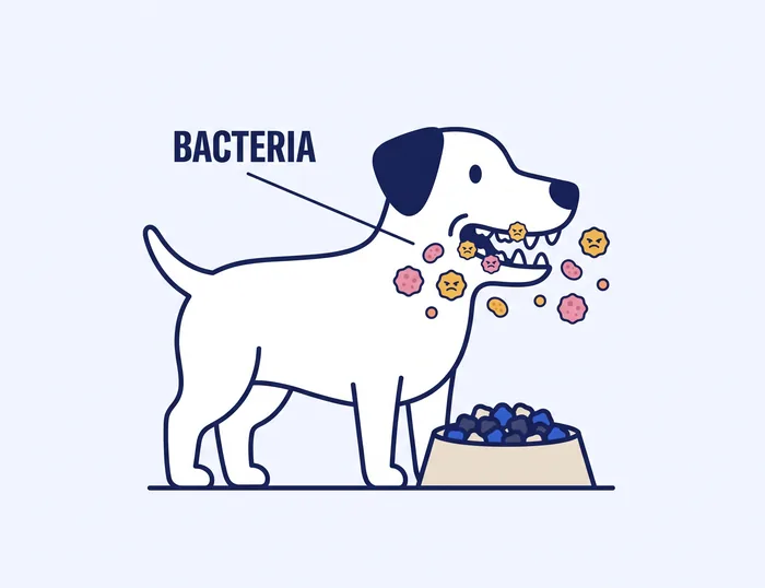Drawing: bacteria gather on a dog's teeth after a meal