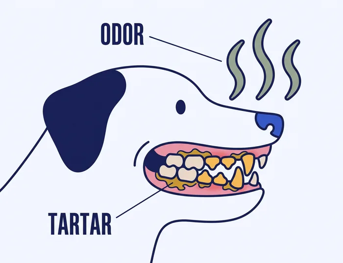 Drawing: brown tartar on the molars and odor lines rising from the mouth