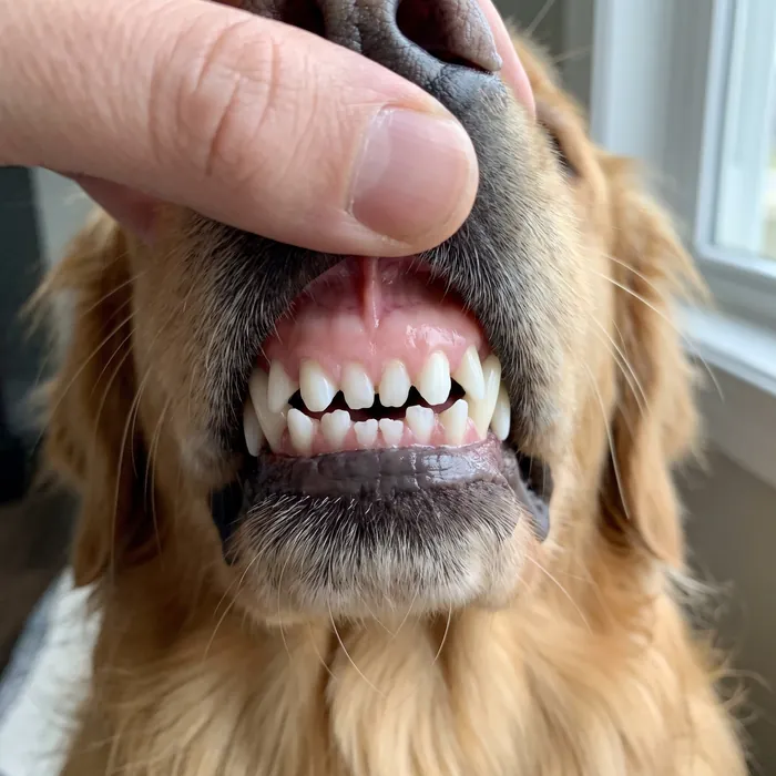 Close-up of a different dog's clean white teeth and pink gums
