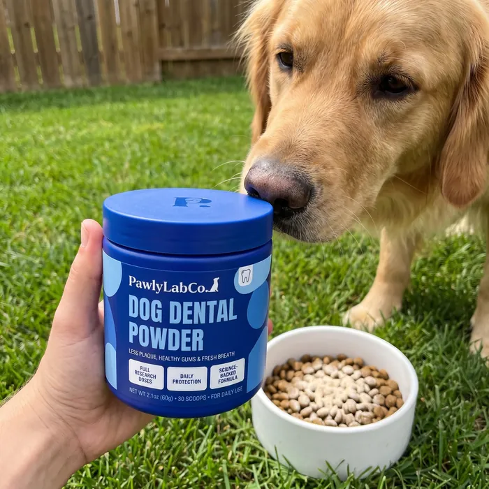 Golden retriever sniffing a jar of Pawly Lab Co. Dog Dental Powder next to its food bowl