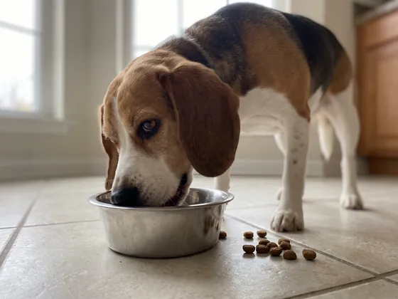 Beagle eating with kibble dropped beside the bowl