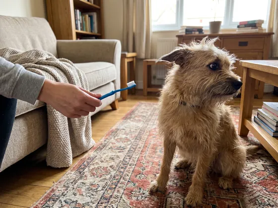 Terrier turning away from a toothbrush