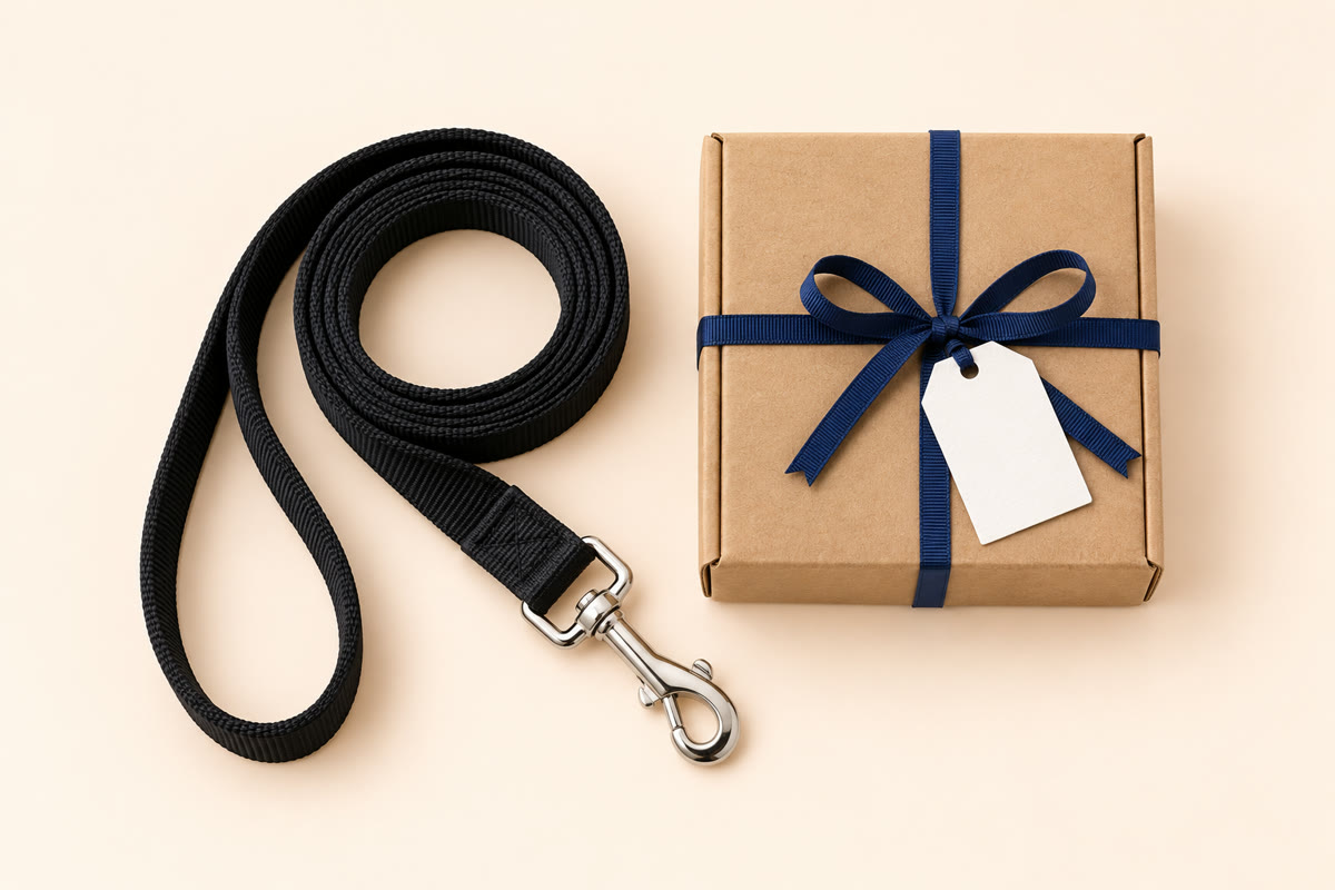 A classic leash and a gift box