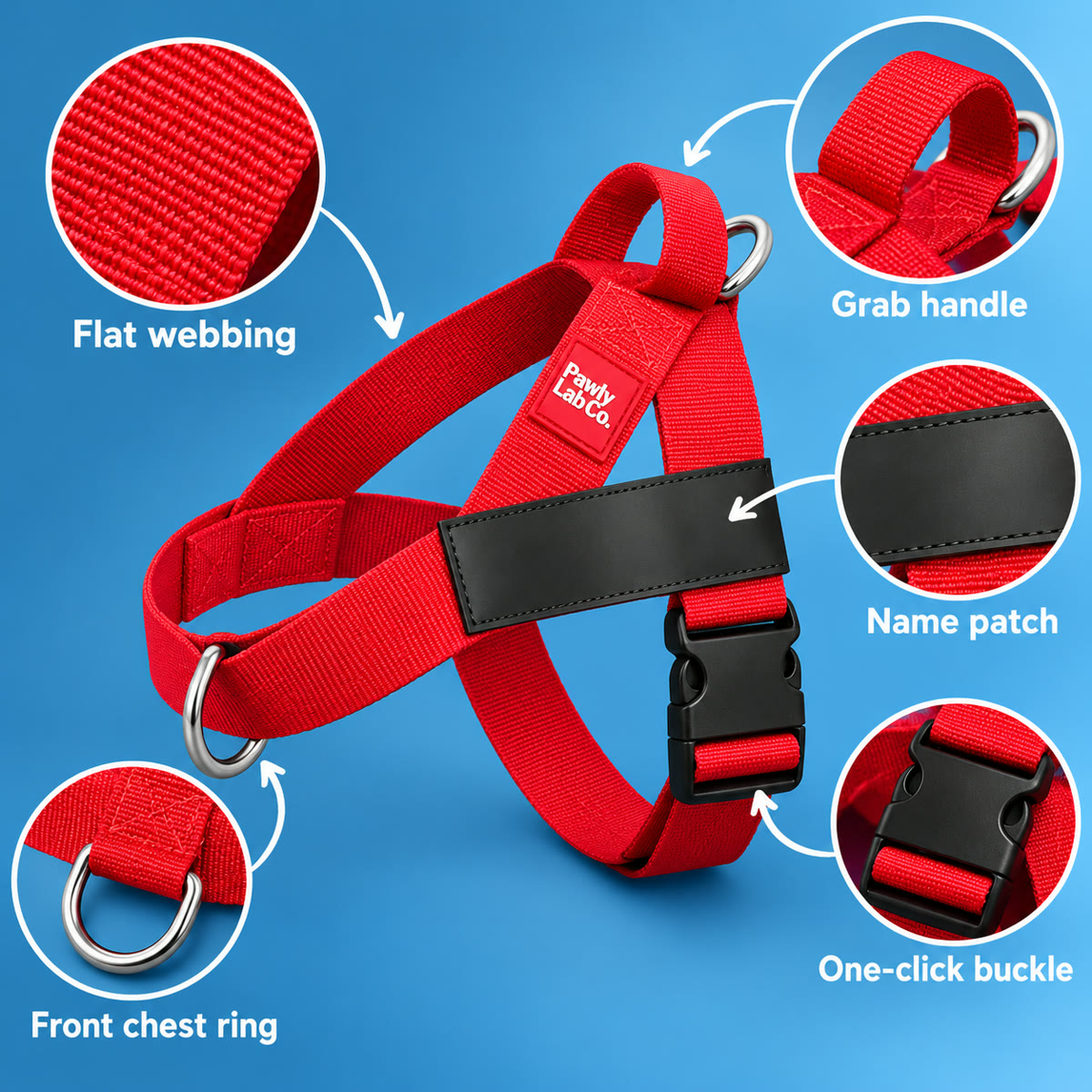 The parts of the Pawly Labs Co. harness: front chest ring, flat webbing, one-click buckle, grab handle and name patch