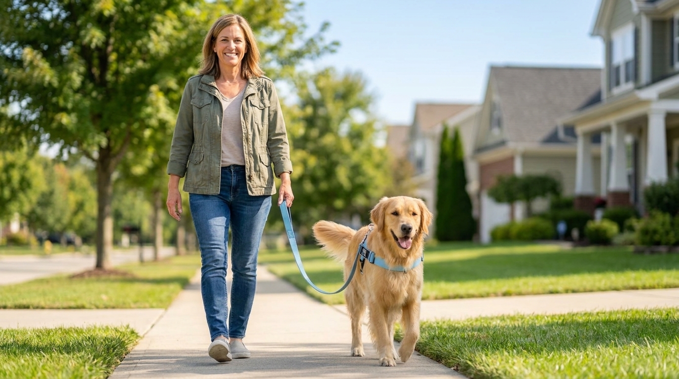 Happy dog and dog mom after a calm walk