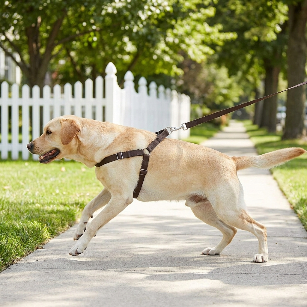 Back-clip harness — dog leaning into the pull
