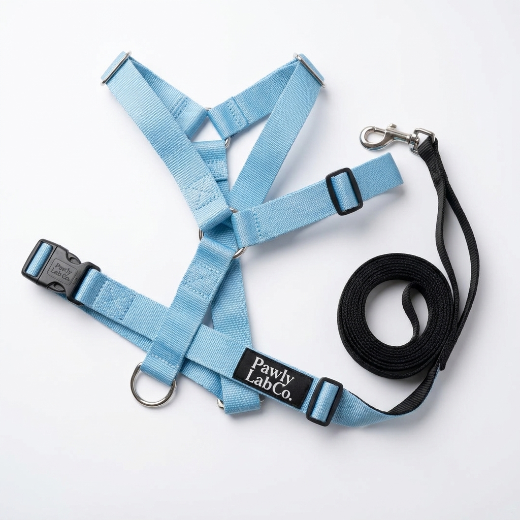 The PawlyLab Co. No-Pull Harness laid flat with the front chest ring, reinforced buckle and coiled leash