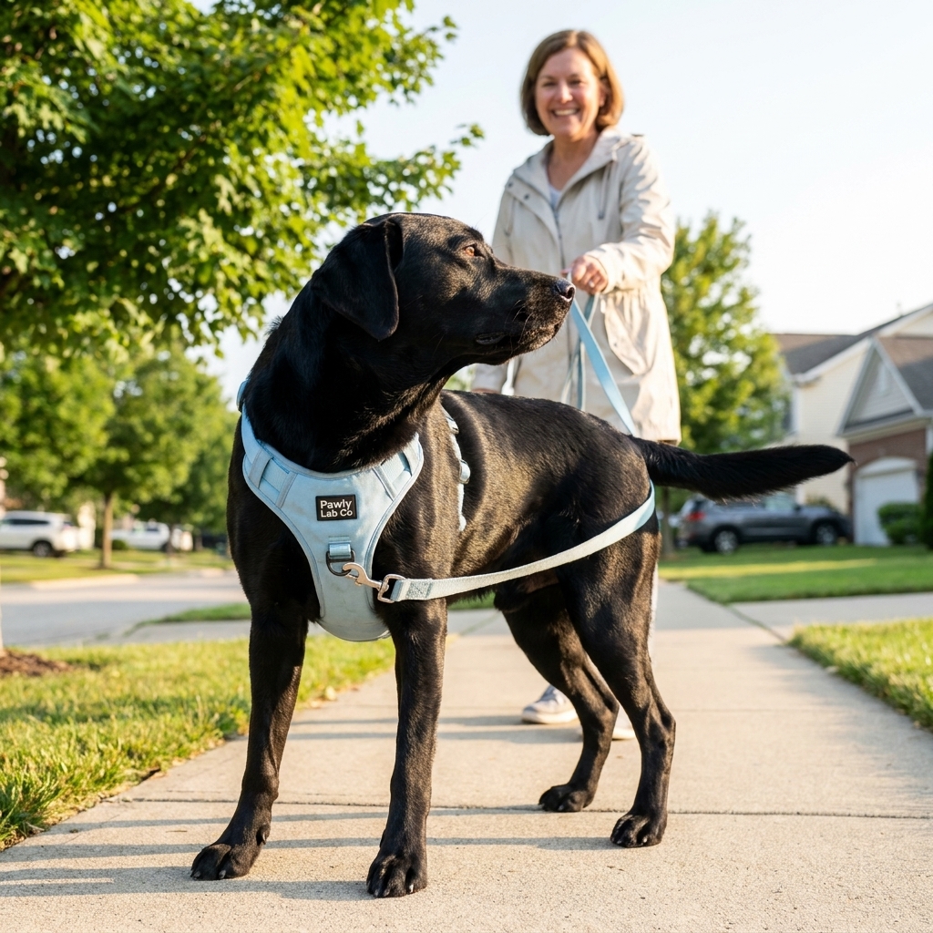 A black Labrador turning back toward its owner because the leash is clipped to the front chest ring of the PawlyLab harness