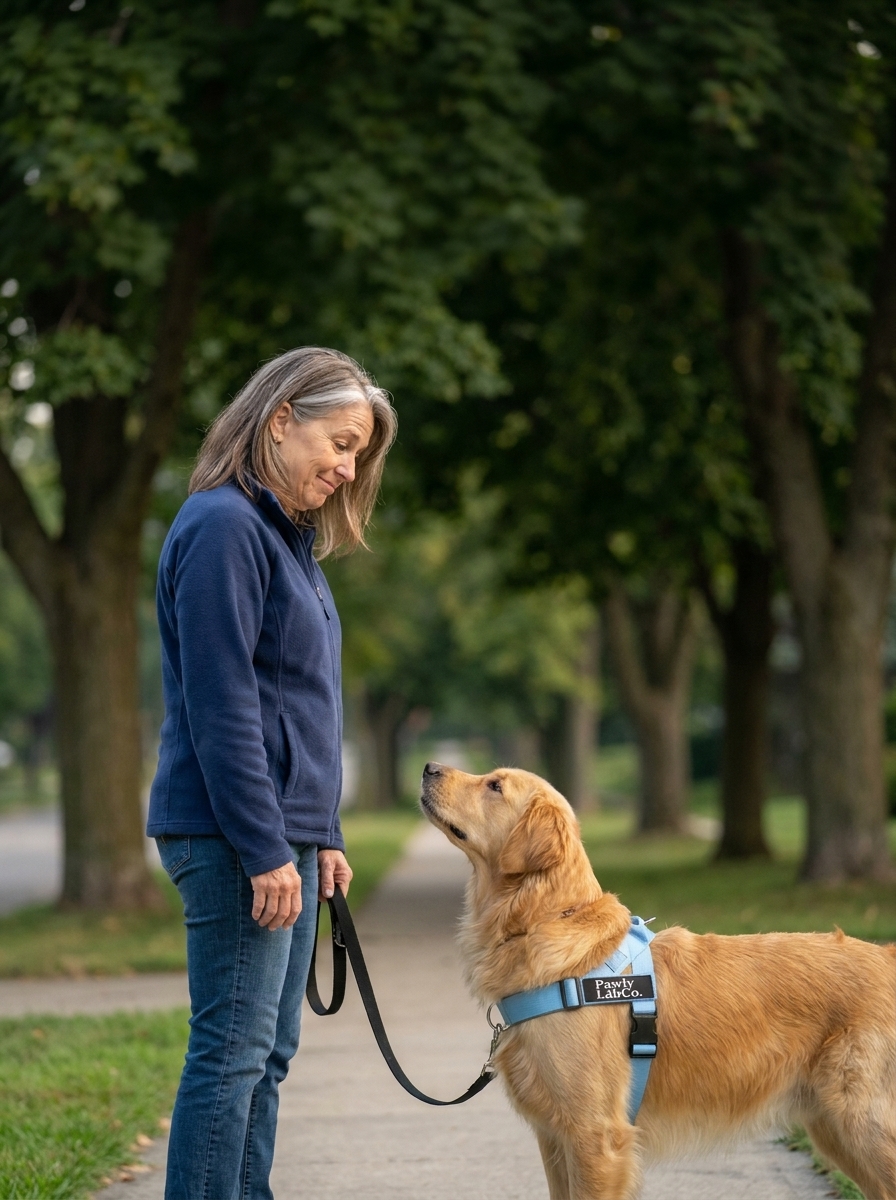 A dog mom on a suburban sidewalk looking down at her golden retriever, who wears the PawlyLab front-clip no-pull harness