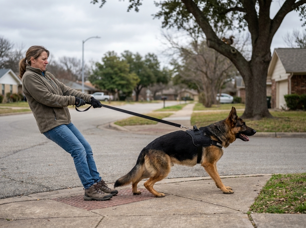 A woman leaning back on a taut leash while a German Shepherd strains forward in a back-clip harness