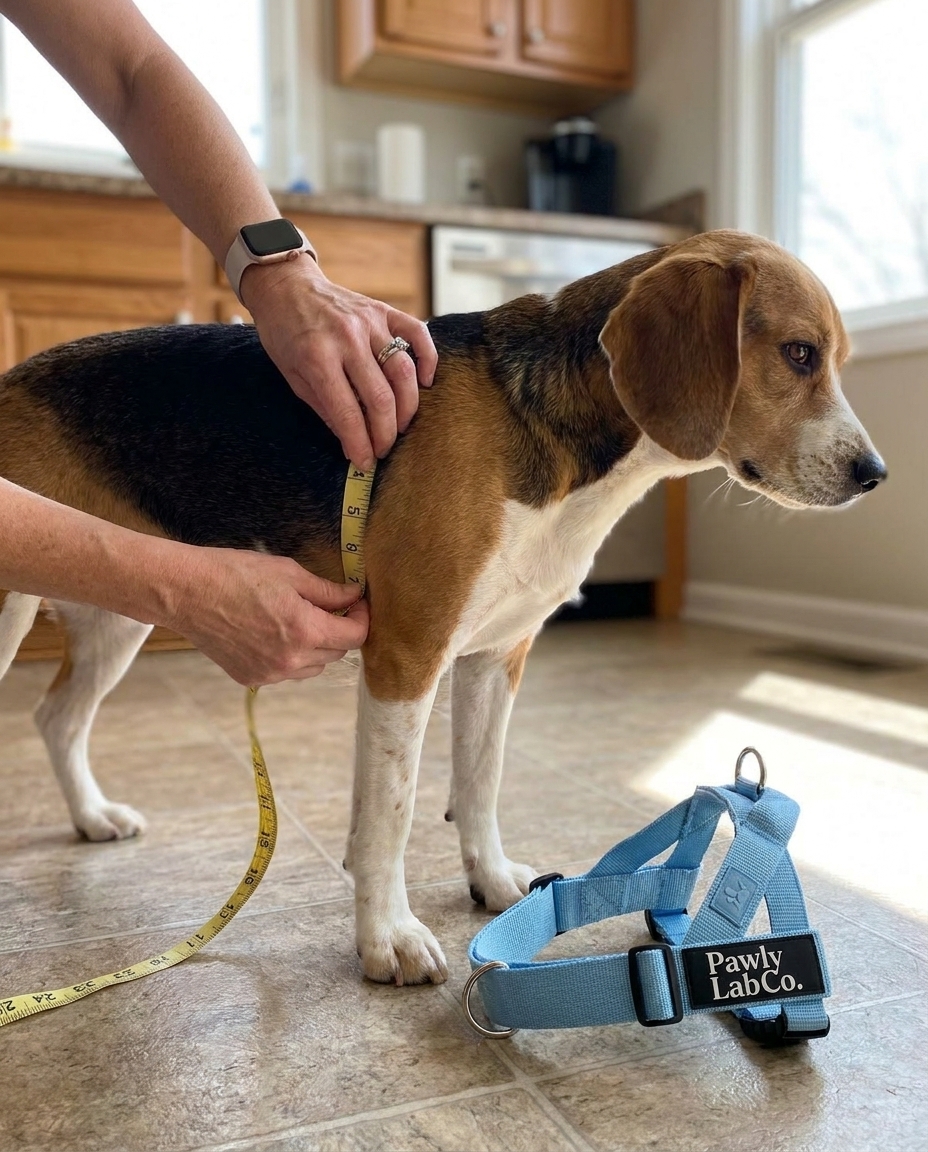Hands measuring a beagle's chest with a tailor's tape, the PawlyLab harness folded beside the dog