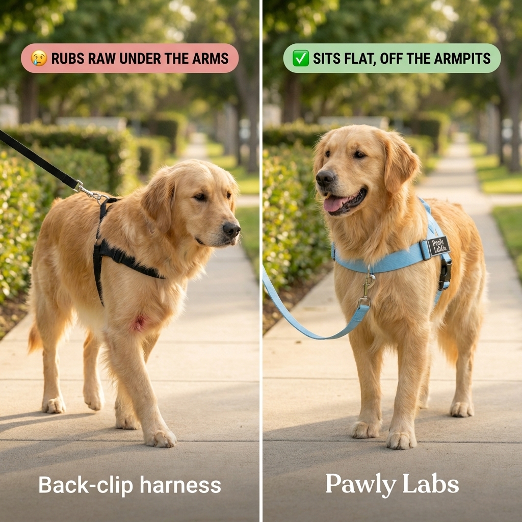 Side by side: a generic harness strap slides into the dog's armpit and rubs it raw; the PawlyLab harness sits flat on the chest, off the armpits