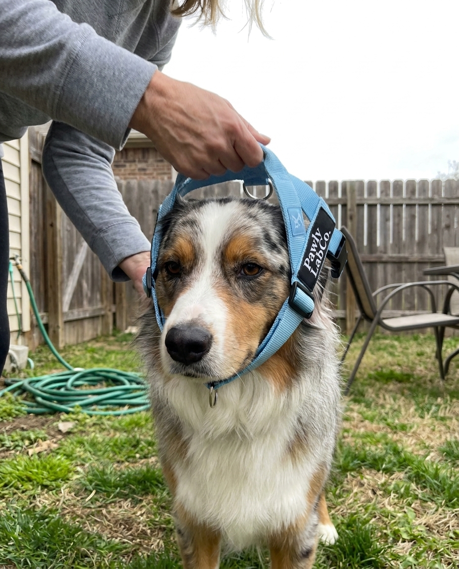 Phone photo: a dog mom smoothing the PawlyLab harness strap flat on her dog on the patio