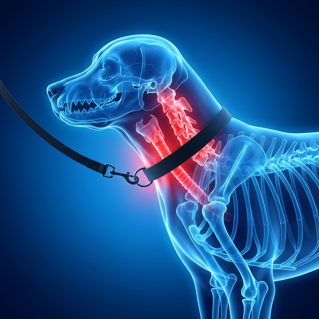 X-ray illustration: a flat collar pulled taut digs into the throat, with the trachea and neck vertebrae highlighted in red