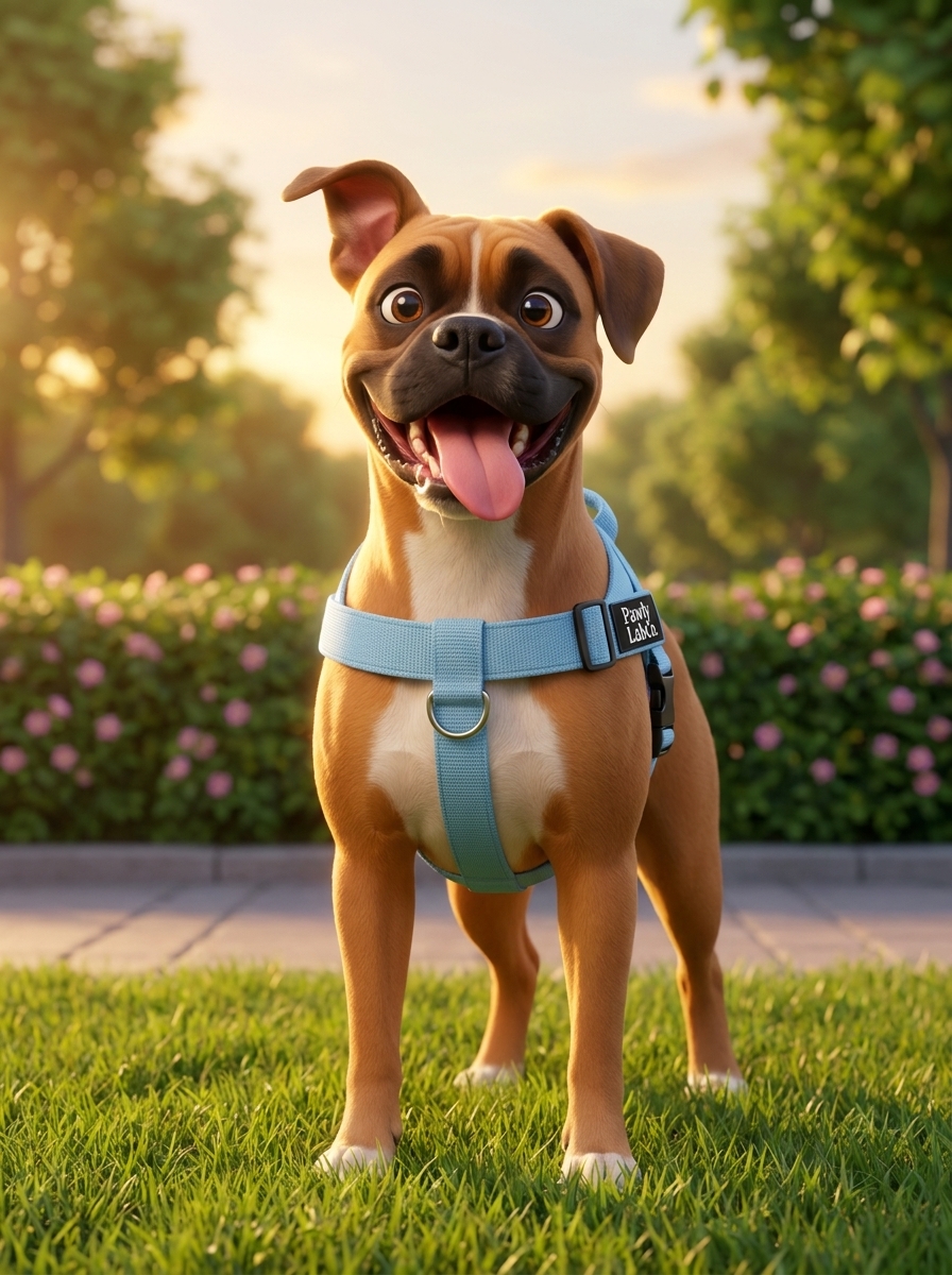 Cheeky fawn boxer grinning, wearing the PawlyLab Co. no-pull harness in a park at sunset