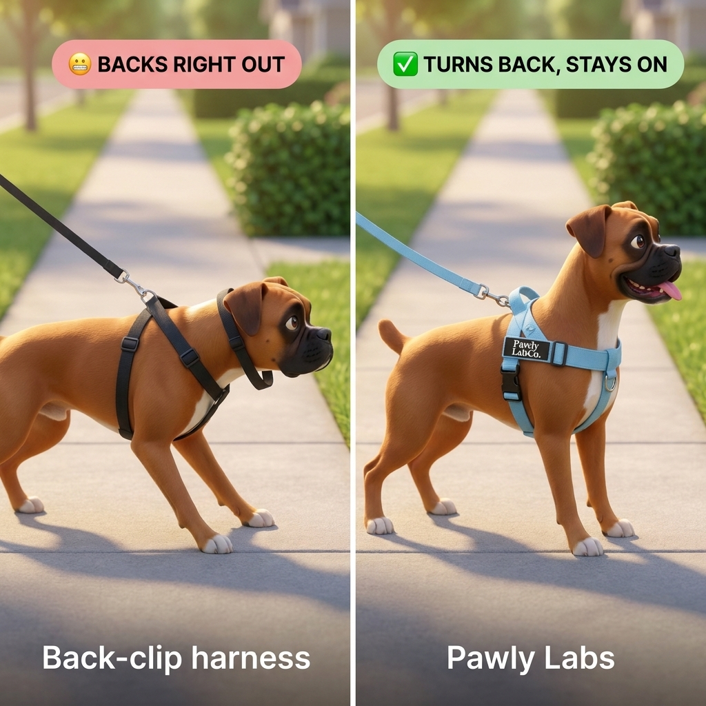 Side by side: a boxer backing right out of a generic back-clip harness; the same boxer turned back toward his handler in the PawlyLab front-clip harness, harness snug and on