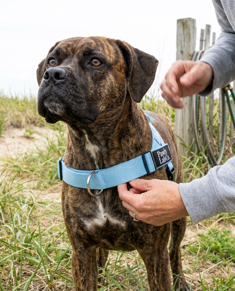 Phone photo: a dog mom doing the two-finger fit check under the PawlyLab harness strap on her boxer mix
