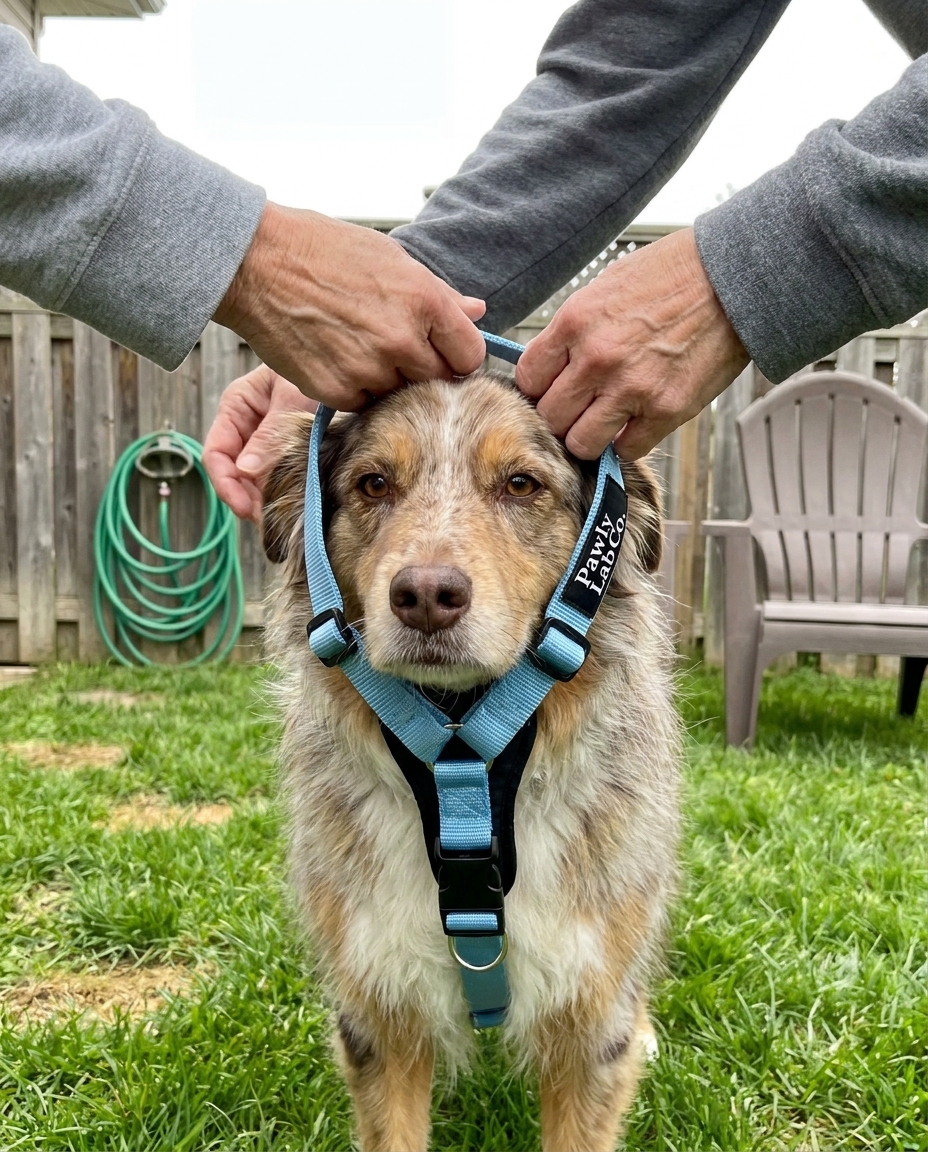Hands slipping the PawlyLab harness over a dog's head in one motion, outdoors