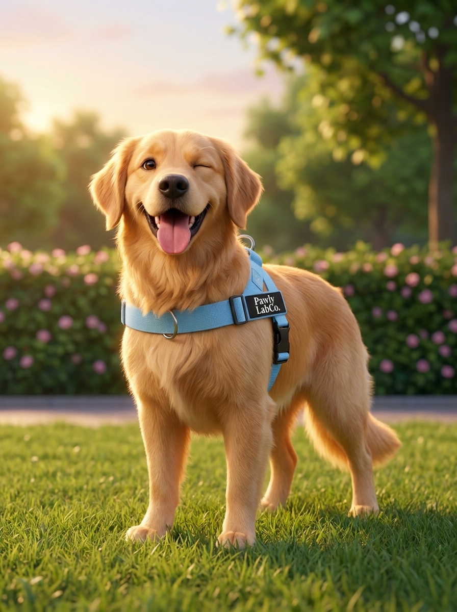 Happy golden retriever winking, wearing the PawlyLab Co. no-pull harness in a park at sunset