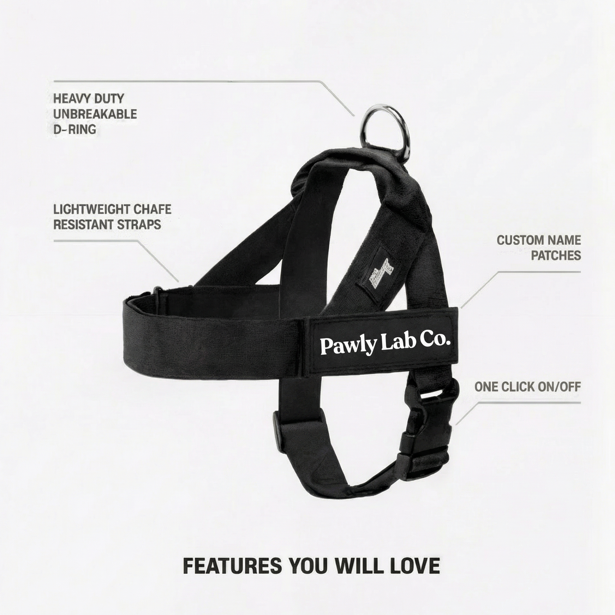 The PawlyLab Co. No-Pull Harness in black — heavy-duty D-ring, chafe-resistant straps, custom name patch, one-click buckle