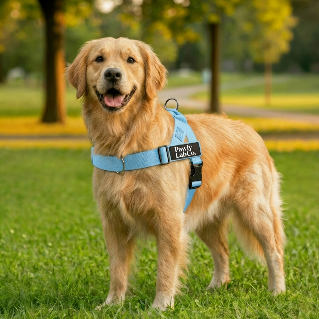 Golden retriever standing calmly in a sunny park wearing the light-blue PawlyLab Co. no-pull harness