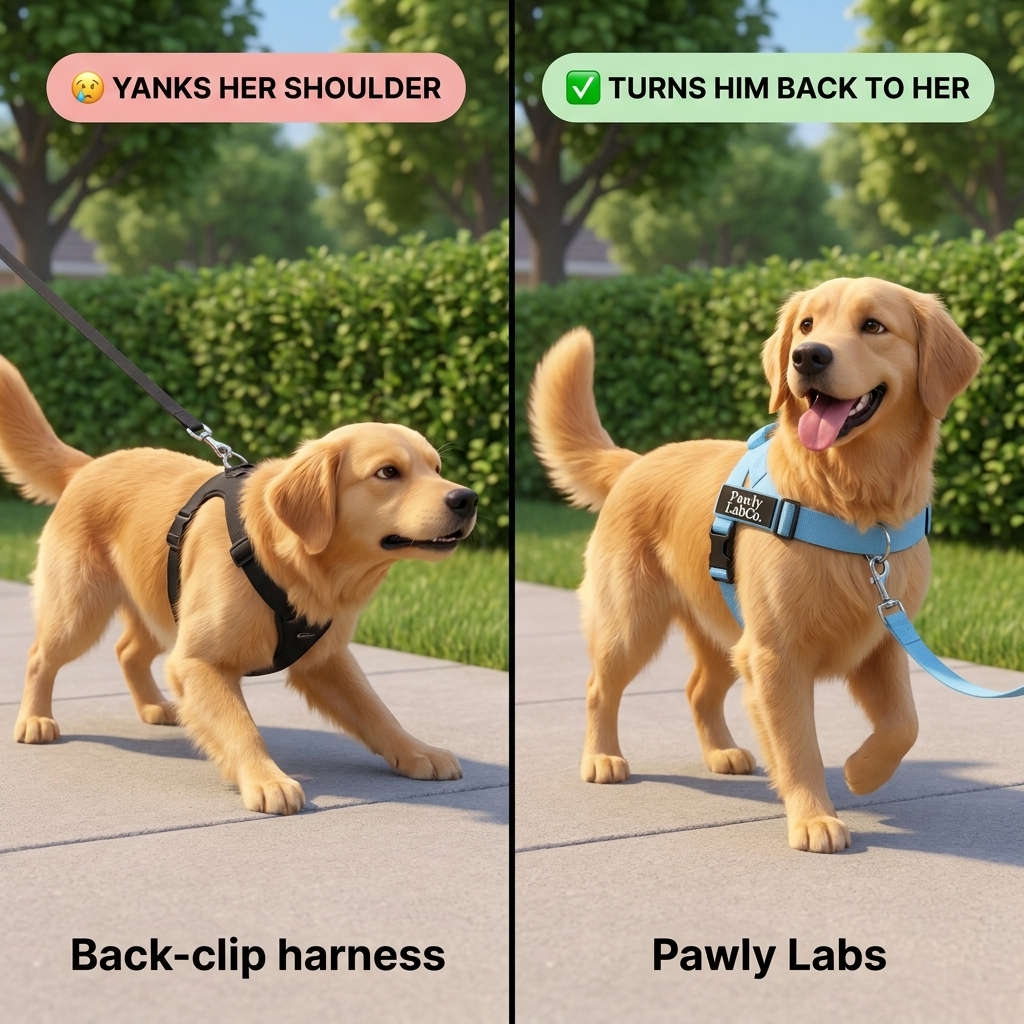 Side by side: a back-clip harness lets the dog strain forward and yank her shoulder; the PawlyLab front-clip harness turns him back to her