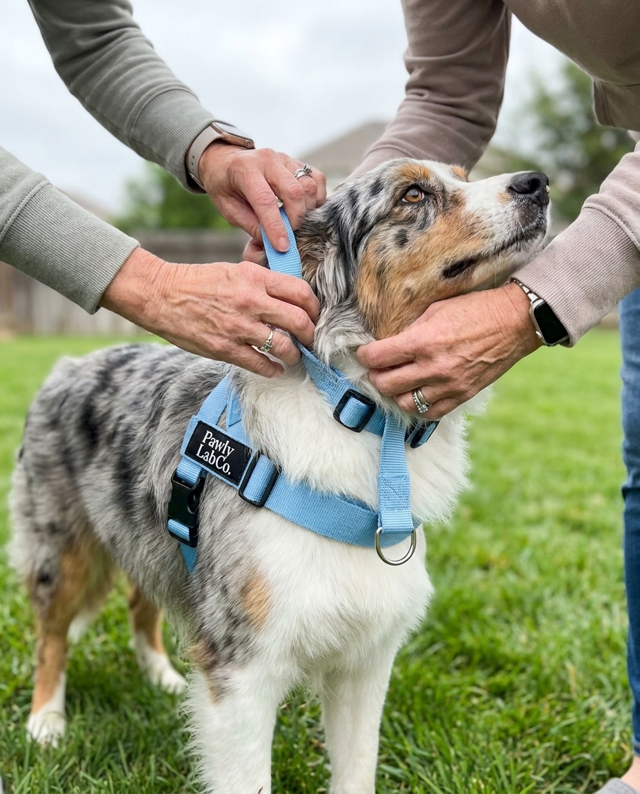 Hands slipping the PawlyLab harness over a dog's head in one motion, outdoors