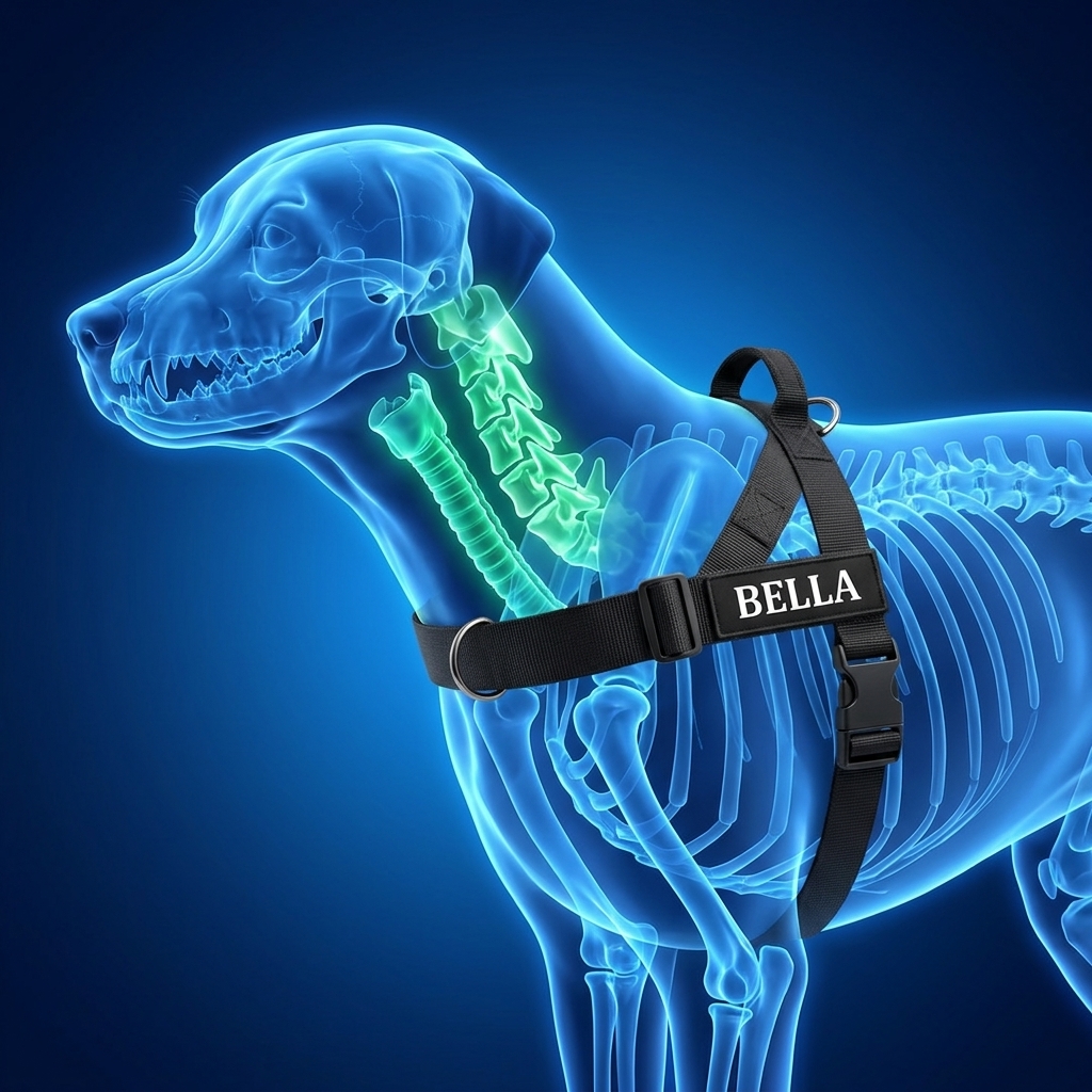 X-ray illustration: the harness load rides on the chest, away from the highlighted trachea and neck vertebrae