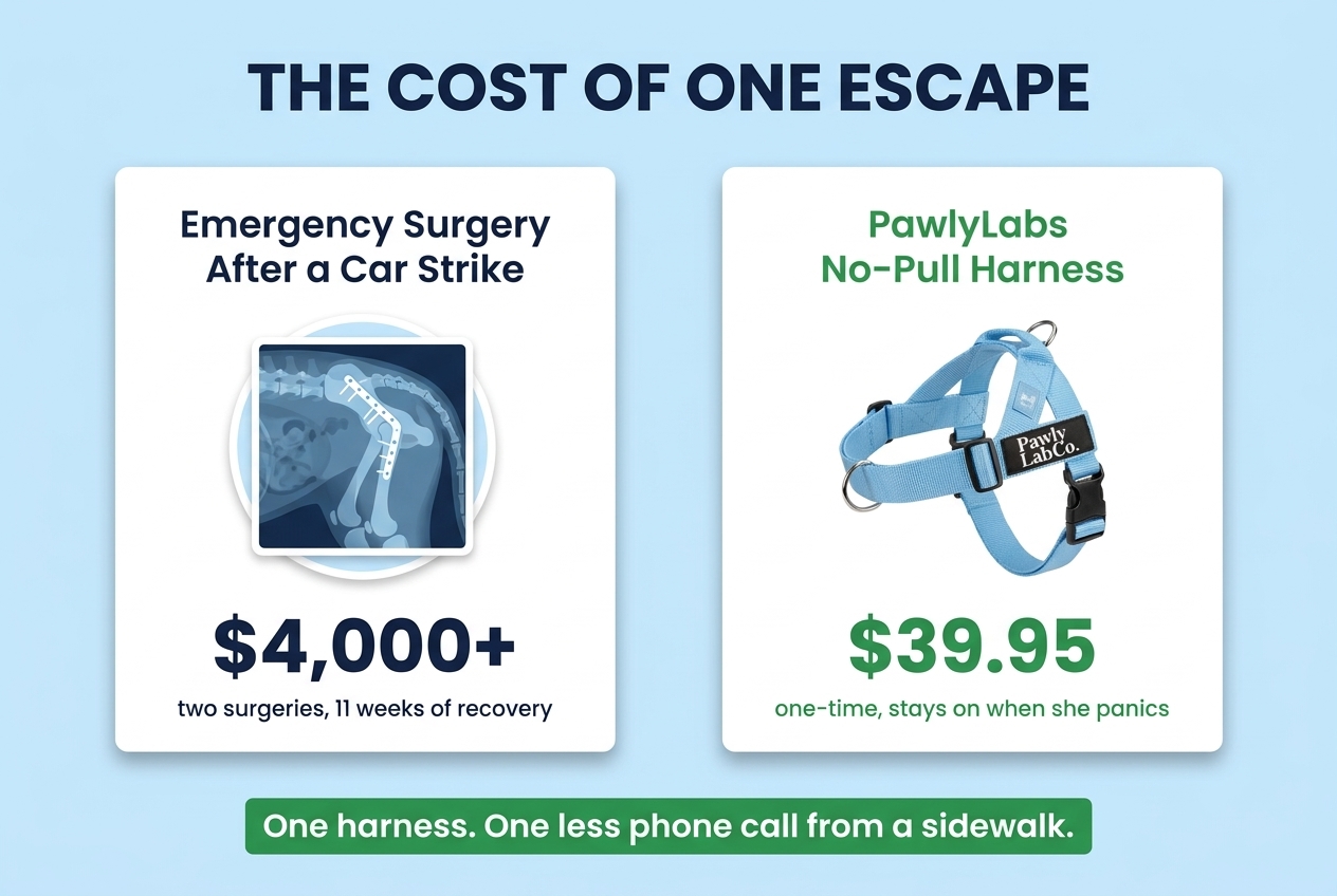 Cost comparison: emergency surgery after a car strike vs the PawlyLabs harness