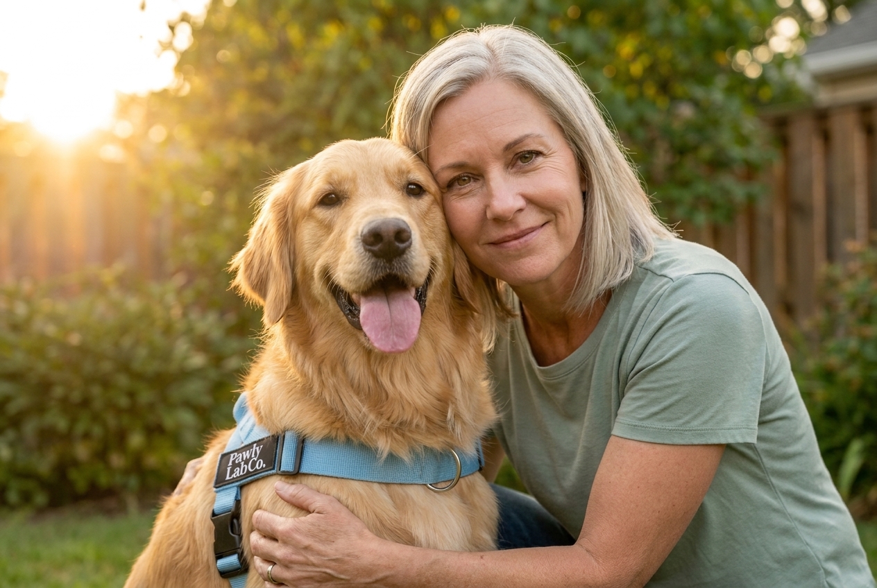 Diane Carter hugging Bailey, her golden retriever, wearing the PawlyLabs harness