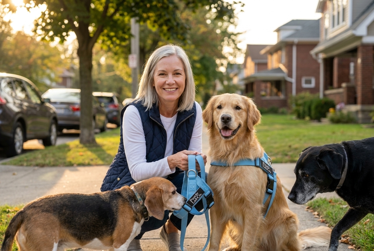 Diane Carter crouched beside her golden retriever Bailey, who is wearing the PawlyLabs No-Pull Harness