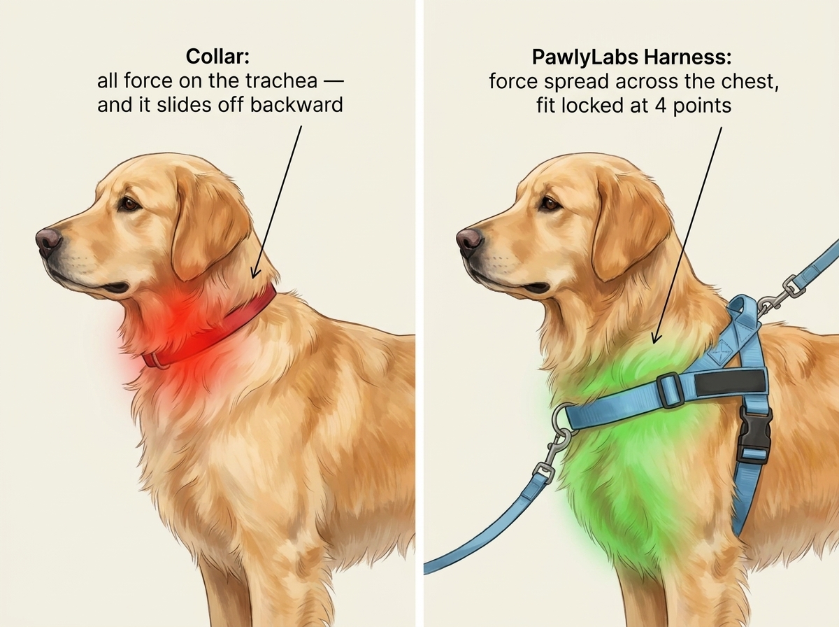 Collar force on the trachea vs harness force across the chest