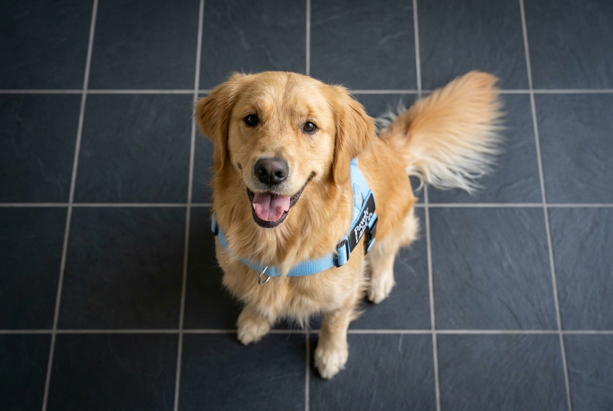 Dog wearing the harness, seen from above