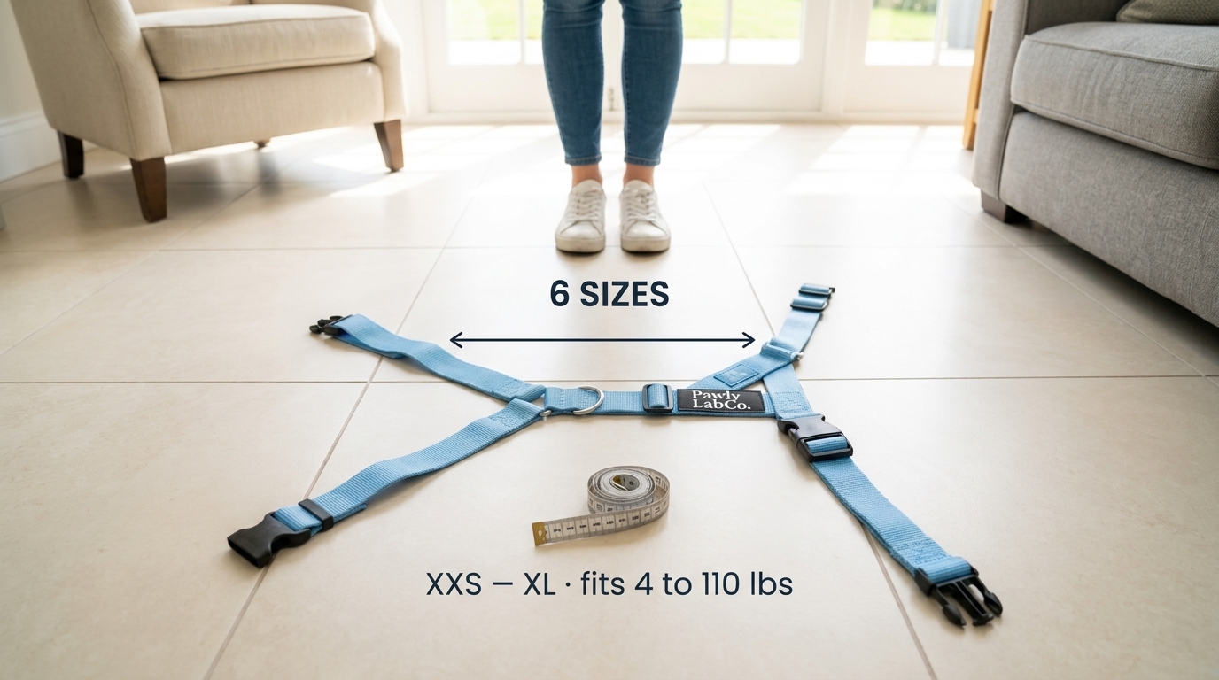 Harness sizes XXS to XL, fits 4 to 110 lbs