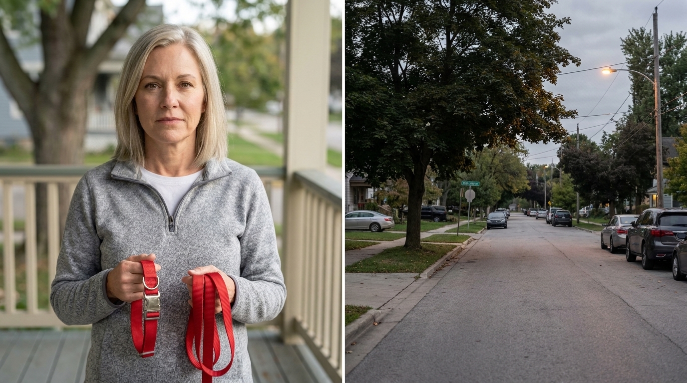 Diane Carter on her front walk, and the empty street where Bailey was hit