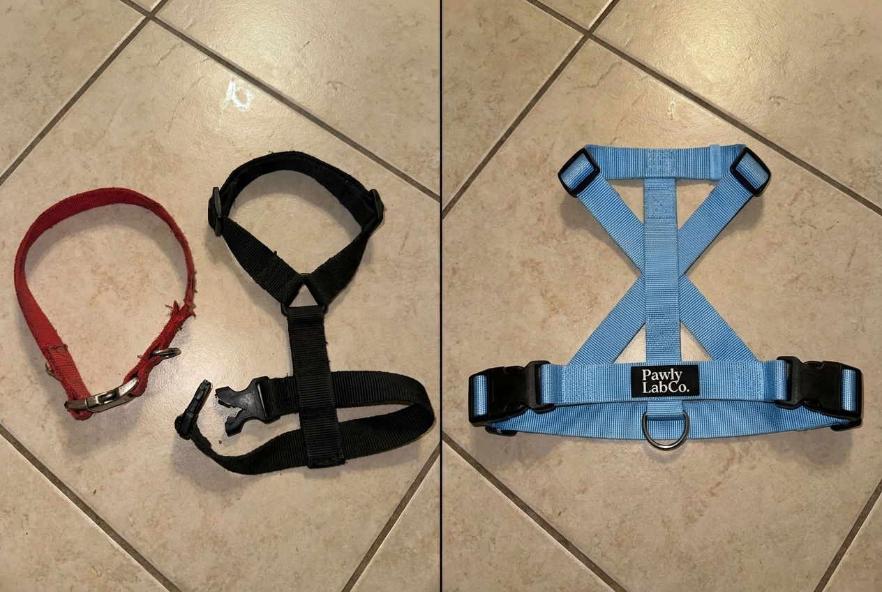 A worn-out collar and back-clip harness next to the intact PawlyLabs harness