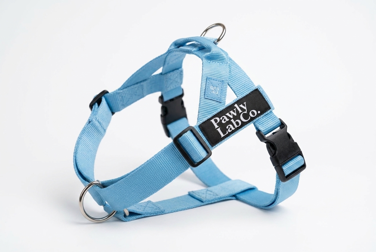 Linda Hayes hugging a golden retriever wearing the PawlyLabs harness
