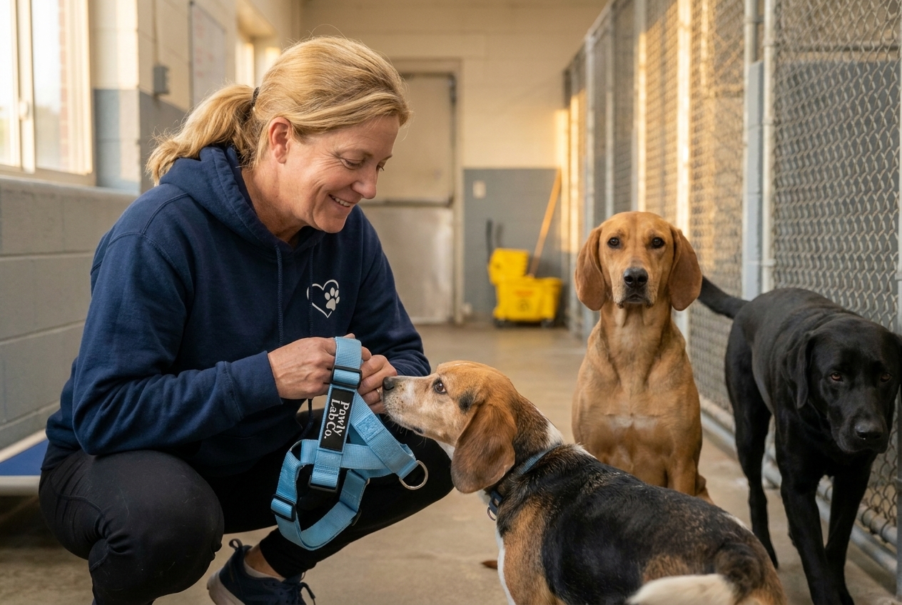 Linda Hayes crouched among shelter dogs holding the PawlyLabs No-Pull Harness