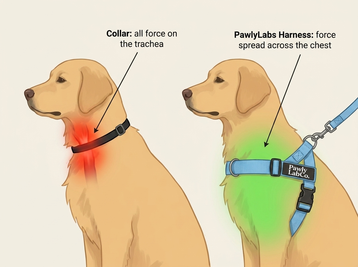 Collar force on the trachea vs harness force across the chest
