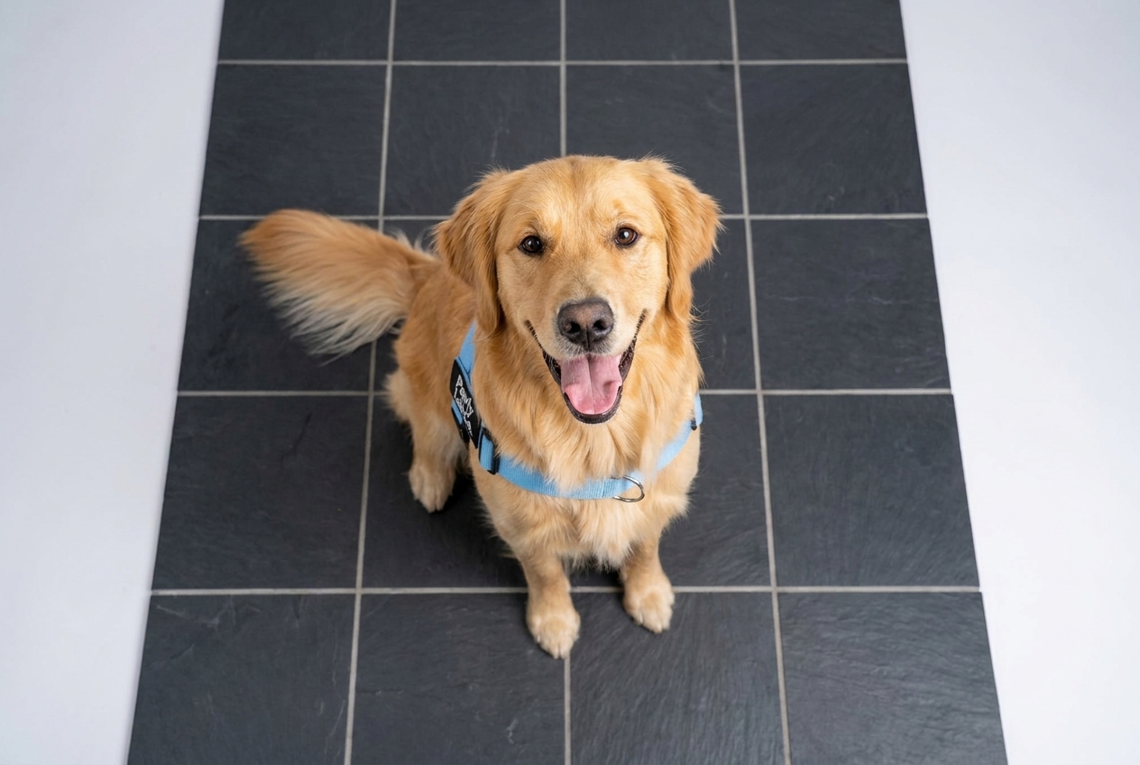 Dog wearing the harness, seen from above