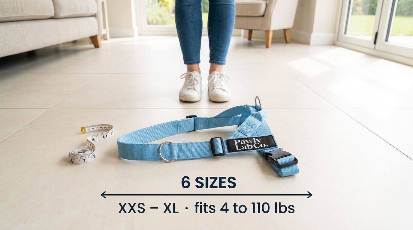 Harness sizes XXS to XL, fits 4 to 110 lbs