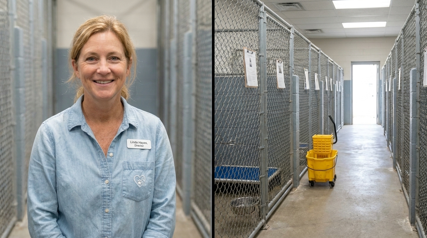 Linda Hayes at the shelter, and the kennel corridor