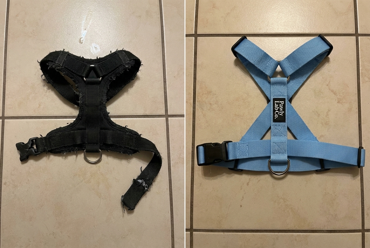 A worn-out back-clip harness next to the intact PawlyLabs harness