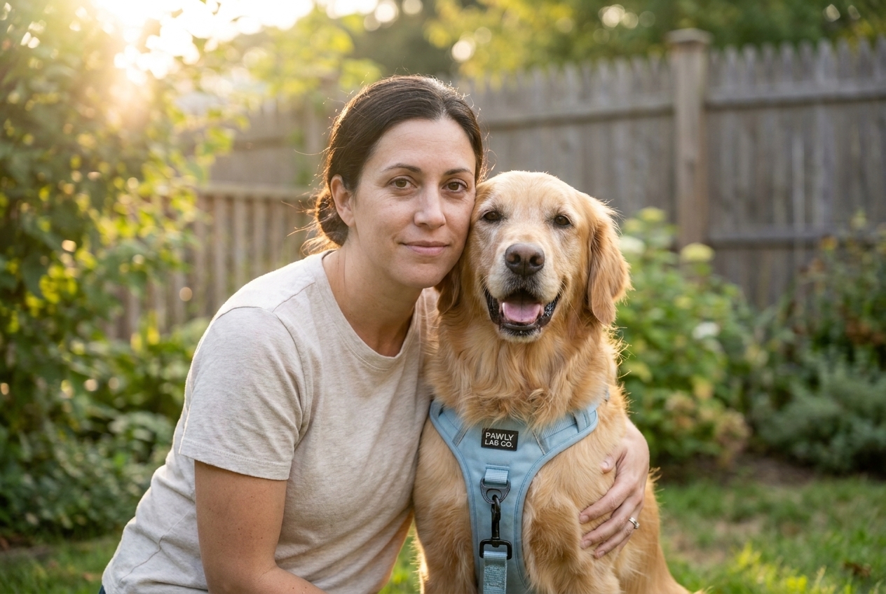 Dr. Rachel Monroe hugging a golden retriever wearing the PawlyLabs harness
