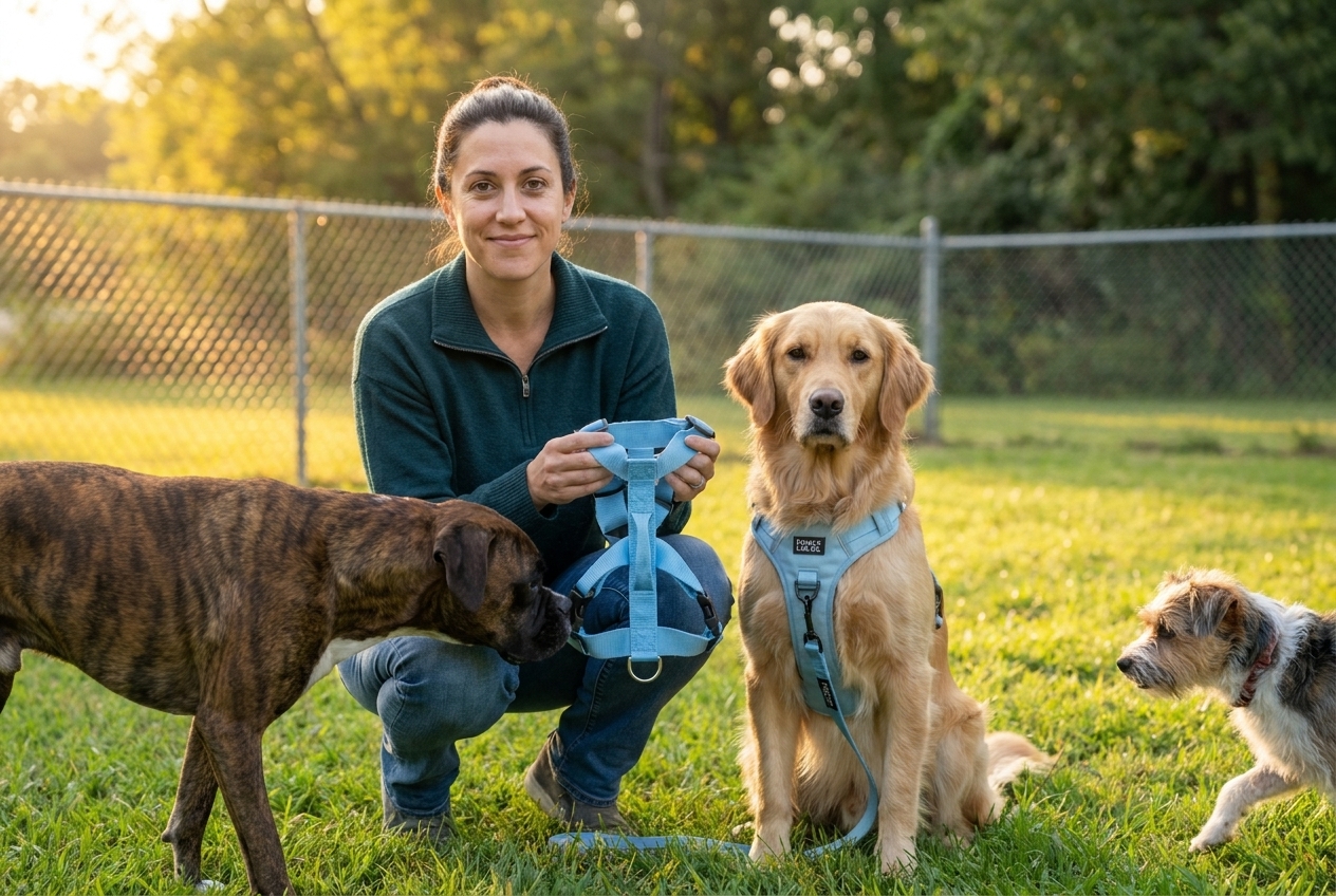 Dr. Rachel Monroe crouched at dog level with three dogs, holding the PawlyLabs No-Pull Harness