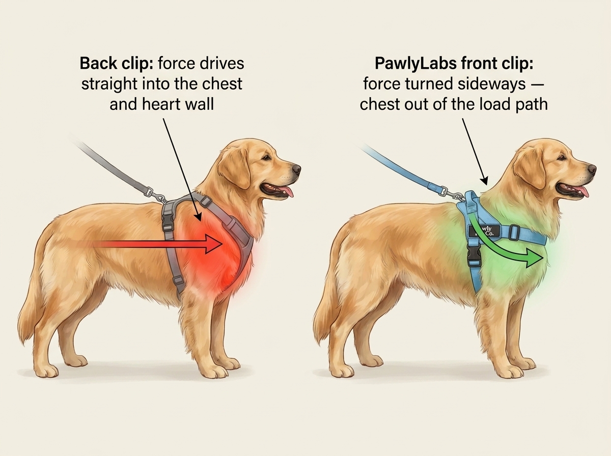 Back-clip force driving into the chest vs front-clip force turned sideways
