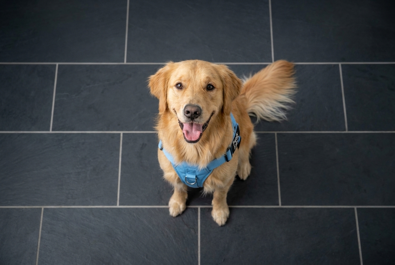 Dog wearing the harness, seen from above