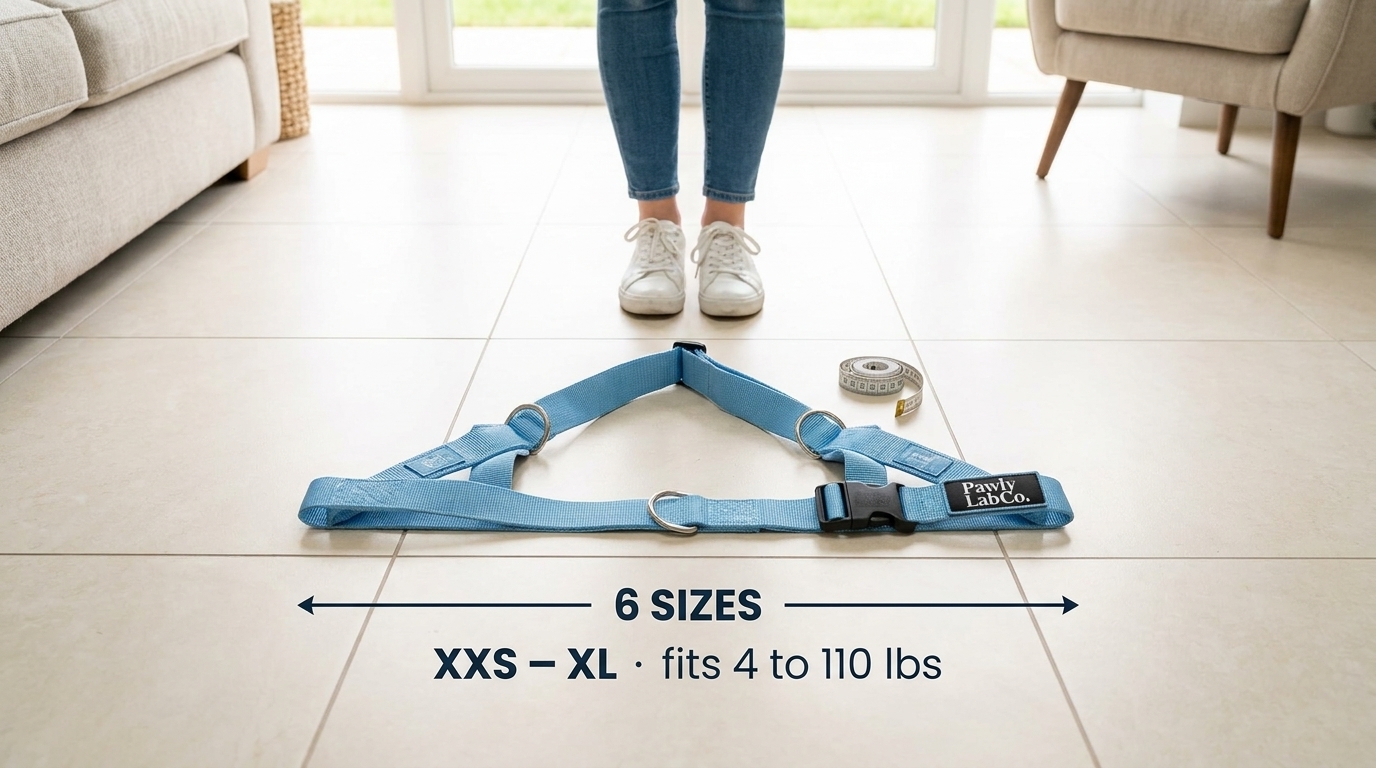 Harness sizes XXS to XL, fits 4 to 110 lbs
